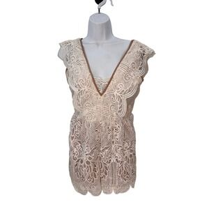 Sugar tlips Lace‎ Romper V-Neck Sleeveless Crochet Cream Beige Size S